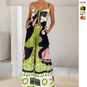 الصيف النساء طباعة السباغيتي حزام حللا مثير الجوف خارج الدانتيل متابعة عالية الخصر واسعة الساقين البوهيمي عطلة بذلة