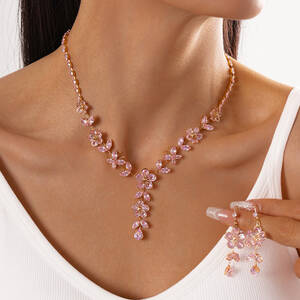 مجموعة مجوهرات كريستال الوردي الفاخرة للنساء أنيقة فراشة زهرة الزركون سلسلة معلقة قلادة أقراط مجموعة مجوهرات الزفاف
